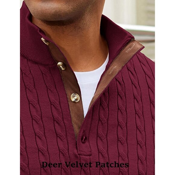 Men's Cable Knitted Pullover Sweater Long Sleeve Stand Collar Button Up Burgundy - Picture 4 of 6